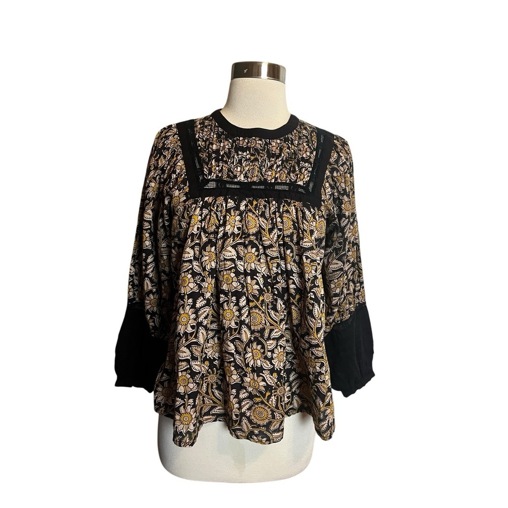 CLEOBELLA Women's Top Size XS Brown Floral Block Print Long Sleeve Peasant